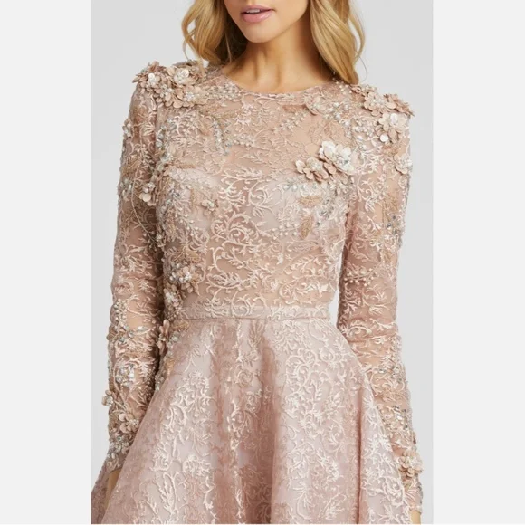 NWT $998 Mac Duggal [ 4 ] Floral Embellished Long Sleeve A-Line Gown Mocha‎ Pink - Picture 2 of 16